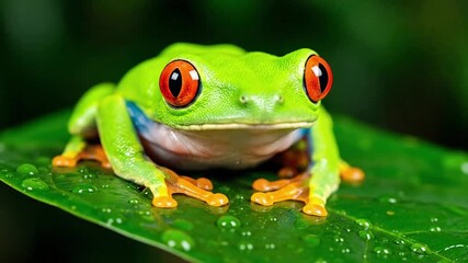 A vibrant red eyed tree frog, Agalychnis callidryas, clinging to a dew kissed leaf in a lush, pristine Costa Rican rainforest, showcasing its striking colors and textured skin.