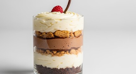 Delicious chocolate layered dessert with creamy topping and fresh raspberry