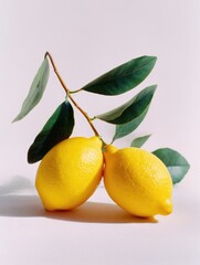 Two ripe, yellow lemons attached to a branch with vibrant green leaves, resting on a light gray surface, subtly illuminated by soft light
