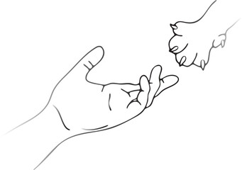 Hand reaching towards dog paw line art animal