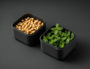 Two square black containers on a dark surface; one holds chickpeas, the other fresh mint sprigs.  A simple, clean, and minimalist food presentation