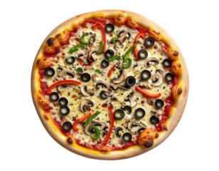 Delicious Gourmet Vegetable Pizza with Black Olives and Red Peppers on Transparent Background