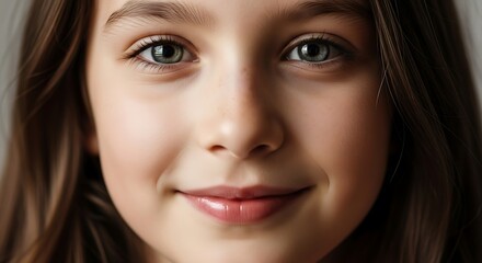 A captivating close-up portrait of a cheerful young girl, her innocent smile and sparkling eyes reflecting joy and warmth, beautifully capturing the essence of childhood wonder
