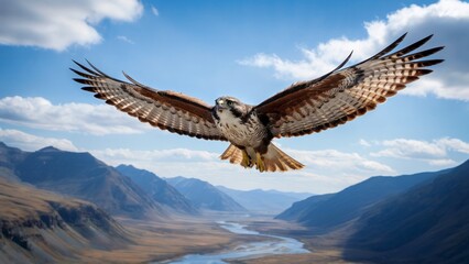 Fototapeta premium Magnificent Flying Hawk Bird with Wings Spread Over Mountain Valley, Hawk Bird in Flight and Majestic Hawk Bird Predatory Bird of Prey.