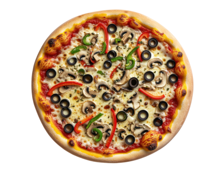 Delicious Gourmet Vegetable Pizza with Black Olives and Red Peppers on Transparent Background