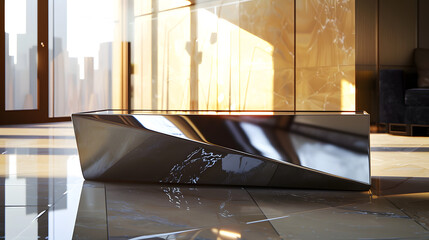 Modern living room interior featuring a sleek geometric coffee table with luxurious marble accents and reflective surfaces bathed in warm, inviting light