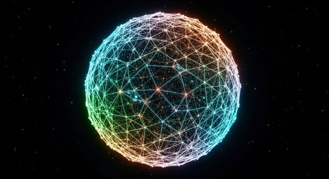 Abstract Network Sphere Glowing With Rainbow Colors On Black Background.