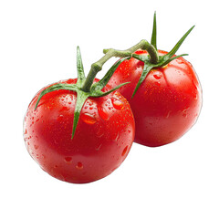 Two ripe, red tomatoes on the vine, glistening with water droplets; vibrant, fresh, and plump