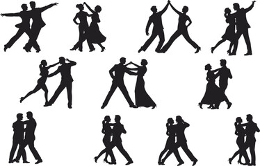 Elegant ballroom dance couple silhouettes performing diverse stylish partner movements, showcasing graceful choreography, motion, rhythm and romantic dance poses, isolated illustration