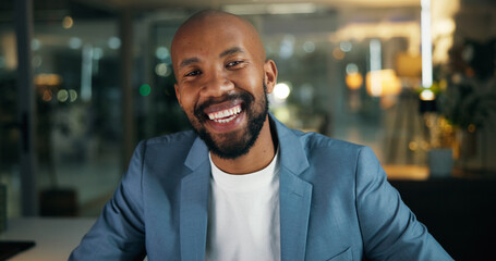 Portrait, corporate and black man in office at night of career pride, about us and accountant. Smile, male person or confident as finance consultant, ambition and working late for investment deadline