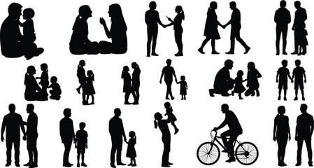 Family silhouettes collection showing parents and children bonding, playing, walking, and interacting together, isolated black vector figures on white background