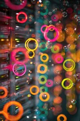 Vibrant, colorful rings and bubbles float before a blurred server rack background, suggesting technological interconnectedness and data flow