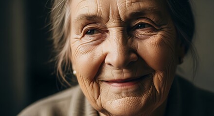 Captivating close-up portrait of a wise older woman, her joyful expression and radiant smile beautifully conveying a sense of peaceful warmth and a life well-lived