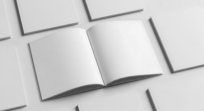 Open blank white square booklet mockup surrounded by closed booklets, ideal for design presentation and branding, isolated on white