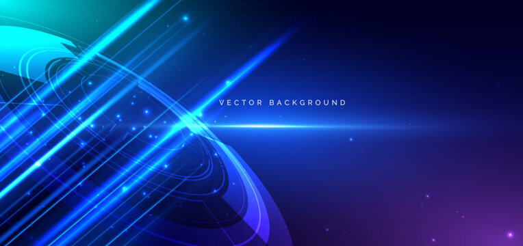 Circle neon blue light ray on black background. Futuristics technology concept.