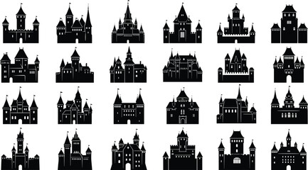 Naklejka premium Castle silhouette vector, medieval fortress icons, fantasy architecture graphic, black castle illustrations, historic building design, fairy tale structure set