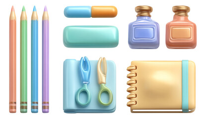 Colorful Stationery Collection with Pencils, Erasers, Scissors, and Bottles