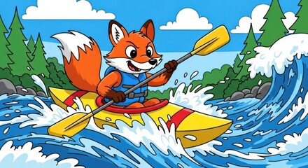 Cartoon fox kayaking on a wild river surrounded by vibrant green trees and clear blue sky