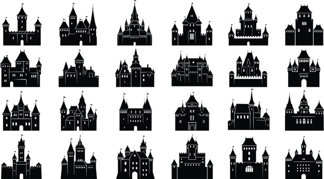 Castle silhouette vector, medieval fortress icons, fantasy architecture graphic, black castle illustrations, historic building design, fairy tale structure set