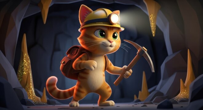 Cartoon orange cat exploring a dark cave with a headlamp and pickaxe adventure exploration - Powered by Adobe