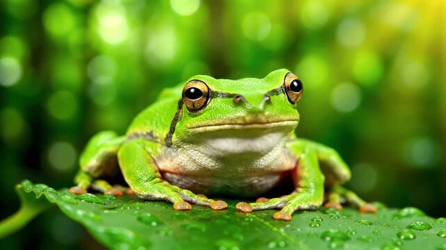 A vibrant ecosystem shot, highlighting the lush, green habitat of an amphibian, with dappled sunlight filtering through dense foliage, creating a serene and natural setting.