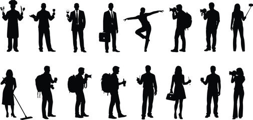 Silhouette people representing diverse professions and daily activities in various standing poses, showcasing lifestyle occupations and modern work roles for vector illustration