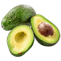 Two whole avocados and one halved, revealing vibrant green flesh and a large brown pit; glossy skin shows subtle texture