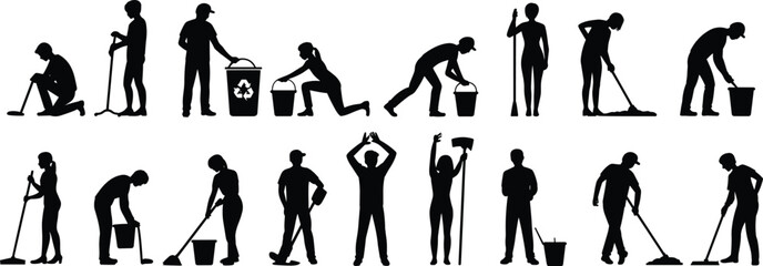 Silhouettes of diverse cleaning workers performing various janitorial tasks with tools, mops, buckets, recycling, sweeping actions, professional maintenance concept illustration