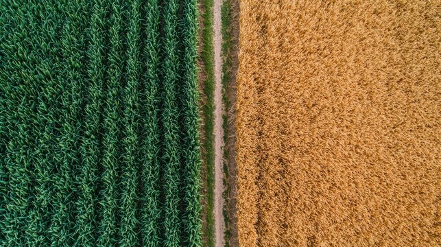 Aerial view of fields separated by path, one green and one golden - Powered by Adobe