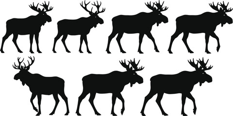 Moose silhouette vector, wildlife animal illustration, black moose poses, forest creature graphic, antlered mammal design, nature themed artwork