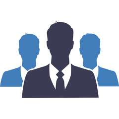 Three Businessmen Silhouettes Standing Together With One In The Foreground Dark Blue Suit With White Shirt And Tie Behind Them Two Light Blue Suits With White Shirts And Ties On A Clean White