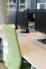 Modern office interior with sleek desks natural light inspiring productivity collaboration