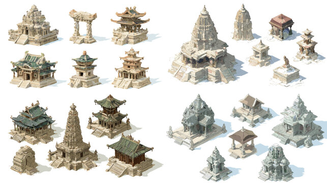 A collection of ancient temple structures with ornate roofs, stone arches, pagodas and shrines. Stylized game asset set inspired by classical Asian architecture in detailed artwork.