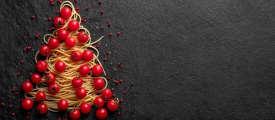 Spaghetti and cherry tomatoes forming christmas tree on black slate