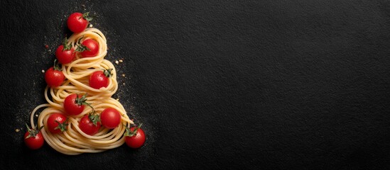 Spaghetti and cherry tomatoes forming christmas tree shape
