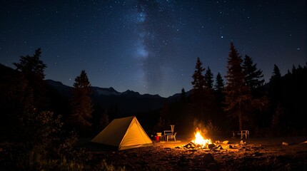 Camping under the stars A tranquil scene of a tent and campfire illuminating the night sky filled with a galaxy of stars, inviting adventure