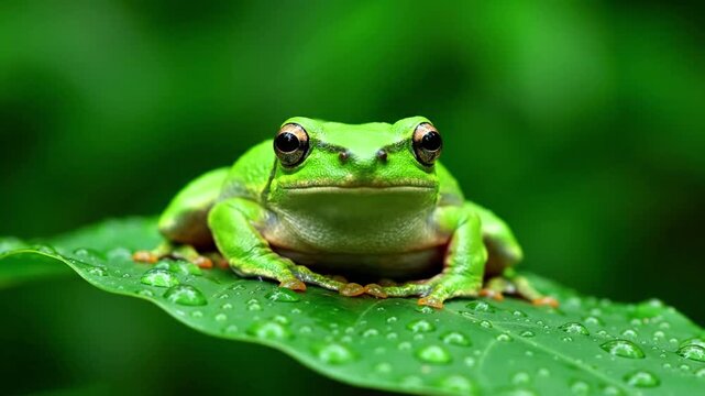 Dynamic slow motion capture of an agile amphibian launching itself from a lily pad, creating ripples across a tranquil pond surface at dawn. Action oriented view of a frog's movement and its?