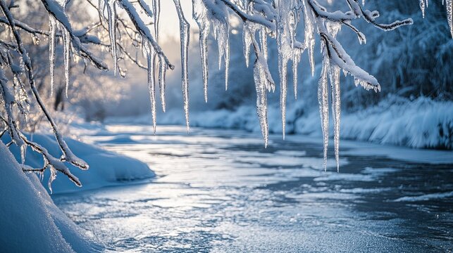 A snowy landscape with a frozen river and icicles hanging from tree branches .