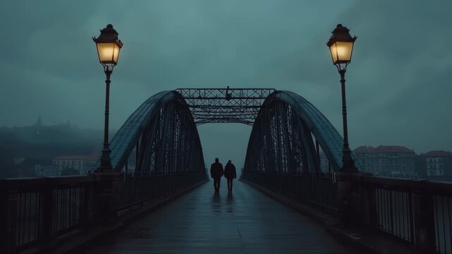 Experience the beauty of Dom Luis I Bridge in Porto, Portugal during a tranquil evening walk, Dom Lus I Bridge, Porto, Portugal, Timelapse Video