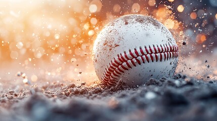 Naklejka premium Baseball covered in dirt, red seams, bokeh lights shining behind