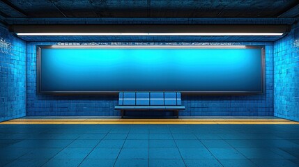 Blue tiled subway platform with blank billboard, waiting area