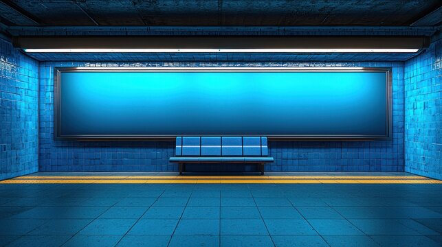 Blue tiled subway platform with blank billboard, waiting area