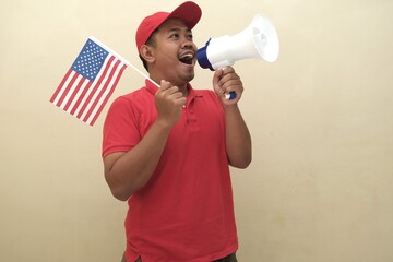 Southeast Asian man holding American flag and megaphone, promoting visa, scholarship, or study...