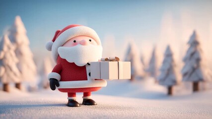 Cute cartoon Santa Claus holding a gift box in a snowy winter landscape festive illustration for Christmas and New Years celebrations - Powered by Adobe