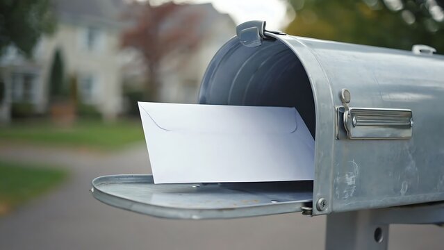 Closeup of a gray metal mailbox with the door open revealing a white envelope inside on a suburban street