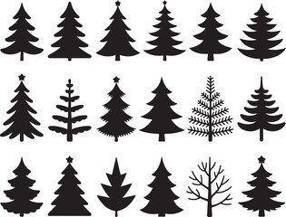 Obraz premium Collection of Various Evergreen Coniferous Trees Silhouettes Isolated on Transparent Backdrop in Vector Format for Creating Winter Designs