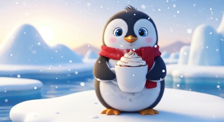 Cute penguin with a red scarf holding a cup of hot chocolate in a winter landscape