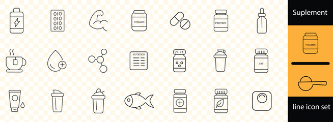 Suplement line icon set. Contains icons related to Vitamins and Nutritional Supplements. Editable stroke. Vector illustration