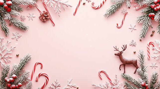 Christmas celebration border with candy canes, reindeer, and snow-covered branches on a pastel pink background. .