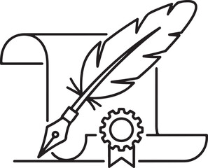 Official documentation outline icon depicting certificate validation with quill pen scroll and stylized award ribbon and cogwheel